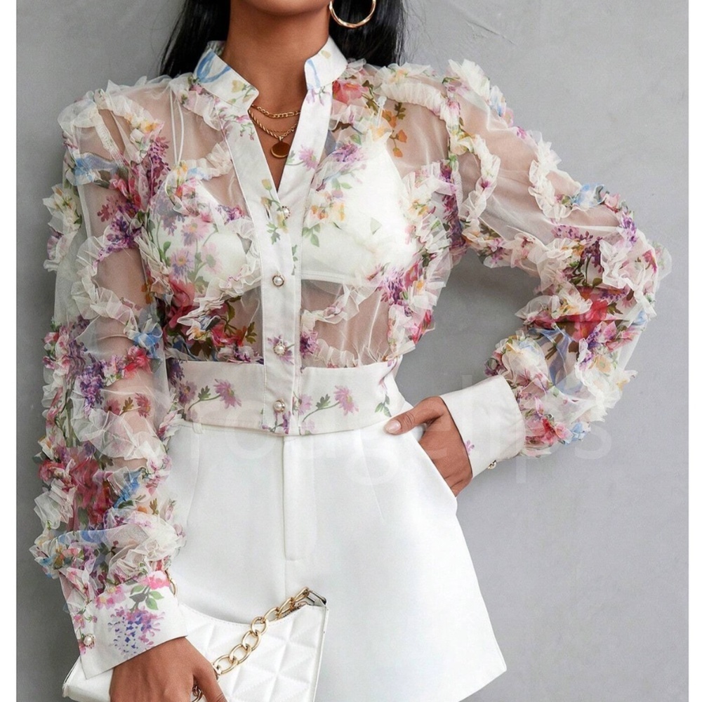 Off White Sheer Floral Ruffle Textured Crop Button Up Blouse Shirt Top
